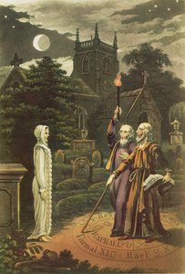 Edward Kelly (geb. 1555), ein Magier, und sein Partner, der Mathematiker und Astrologe John Dee (1527-1608), beschwören einen Geist (handkolorierte Gravur)
